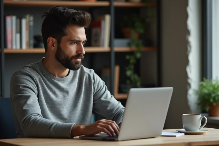 Homme accédant à un service en ligne sécurisé depuis son domicile via une connexion internet avec routeur visible en arrière-plan