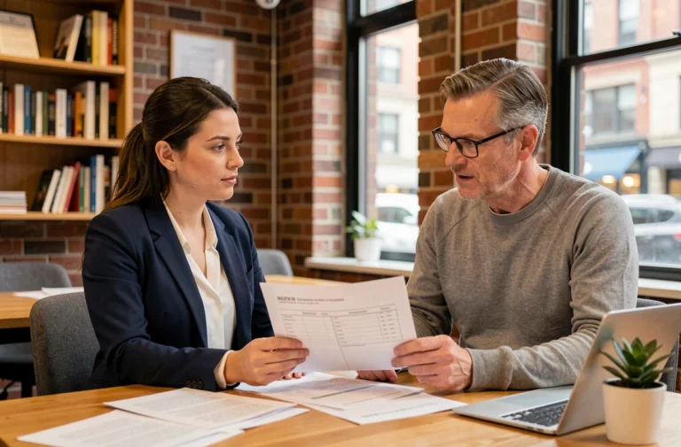 Femme entrepreneur en réunion avec un mentor dans une couveuse d'entreprises, révisant un business plan ensemble