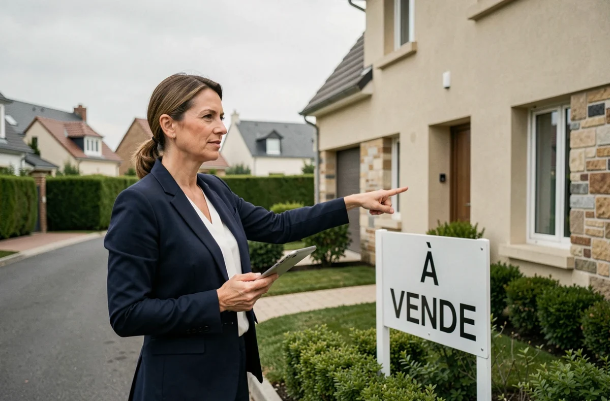 Agent immobilière devant une maison à vendre dans un quartier résidentiel français