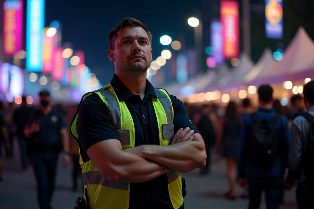 Agent de sécurité événementiel en uniforme noir et gilet réfléchissant devant l'entrée d'un événement nocturne