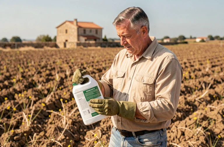 Agriculteur portugais lisant l'étiquette d'un herbicide glyphosate 360 dans un champ agricole aride