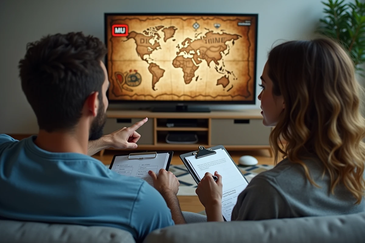 Deux amis jouant ensemble à un escape game en ligne sur un téléviseur dans un salon moderne et minimaliste
