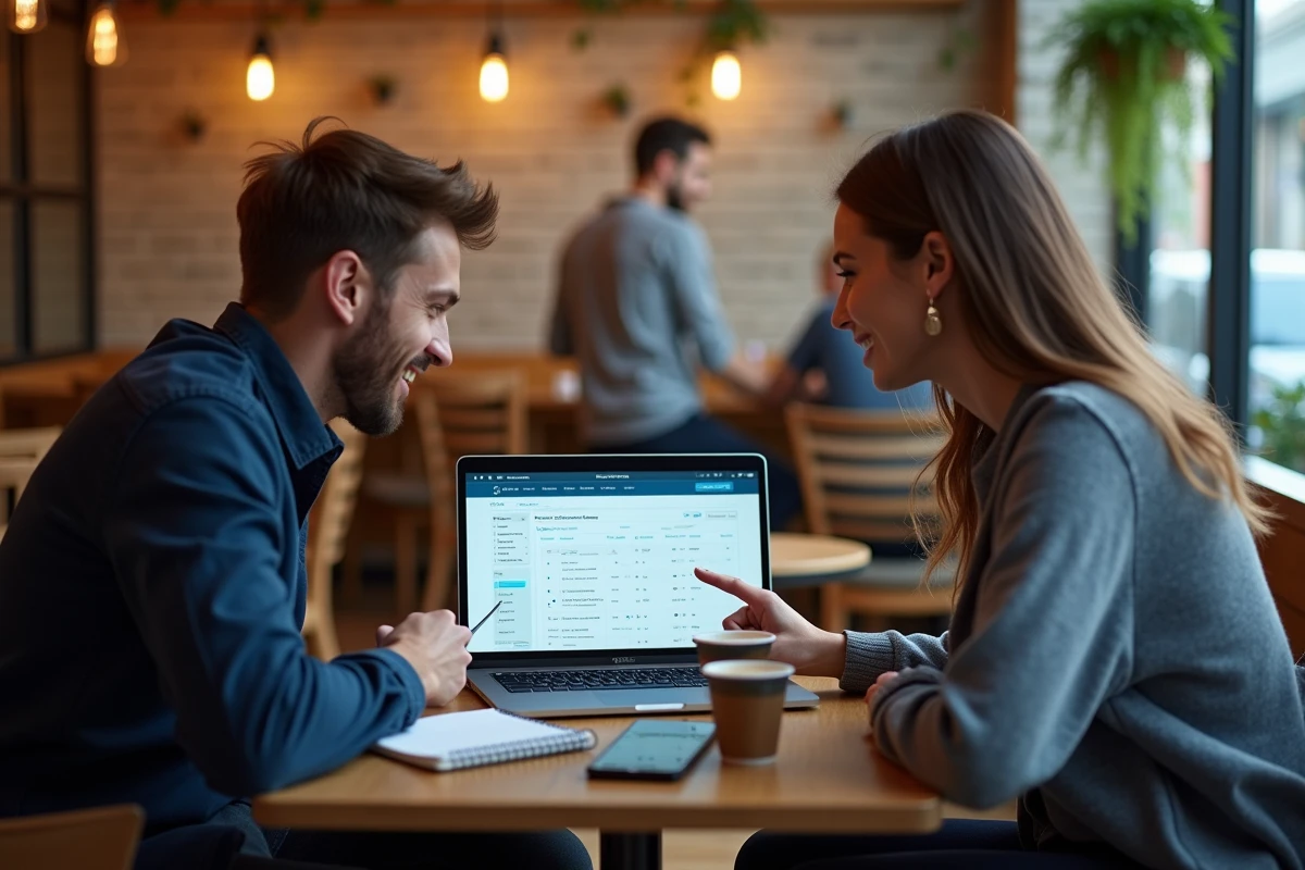 Deux amis planifiant ensemble leurs vacances et aventures sur un ordinateur portable dans un café coworking moderne