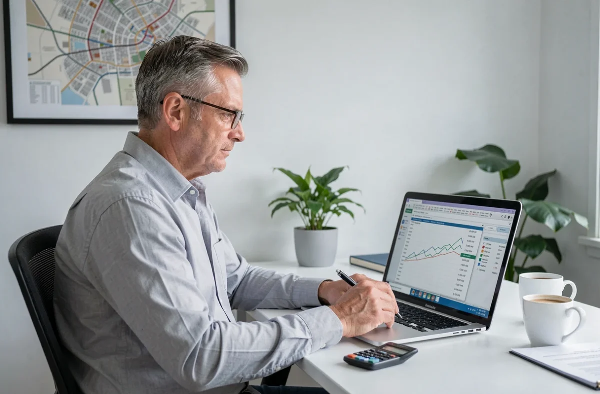 Homme analysant des données financières et des rapports d'investissement immobilier sur ordinateur
