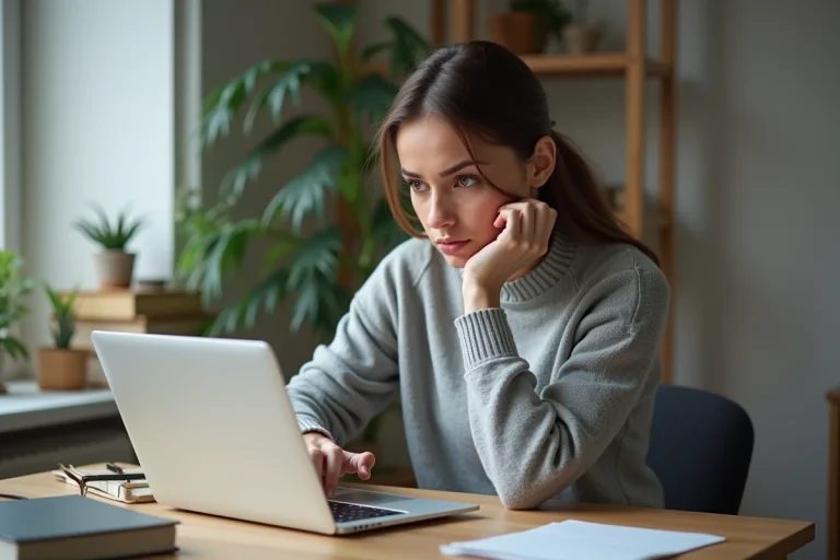 Femme analysant des avis clients en ligne sur un ordinateur portable, cherchant à distinguer les vrais témoignages des faux avis sur internet