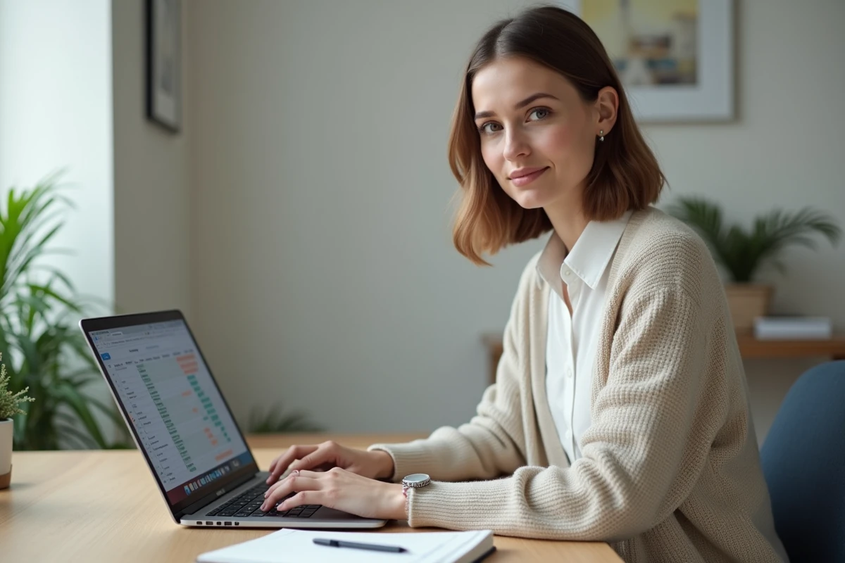 Assistante administrative en télétravail devant un ordinateur portable avec tableur et interface de visioconférence sur son bureau à domicile