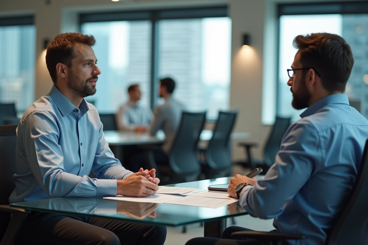 Auto-entrepreneur en réunion de conseil financier dans un espace de coworking moderne, discutant des services d'accompagnement pour indépendants