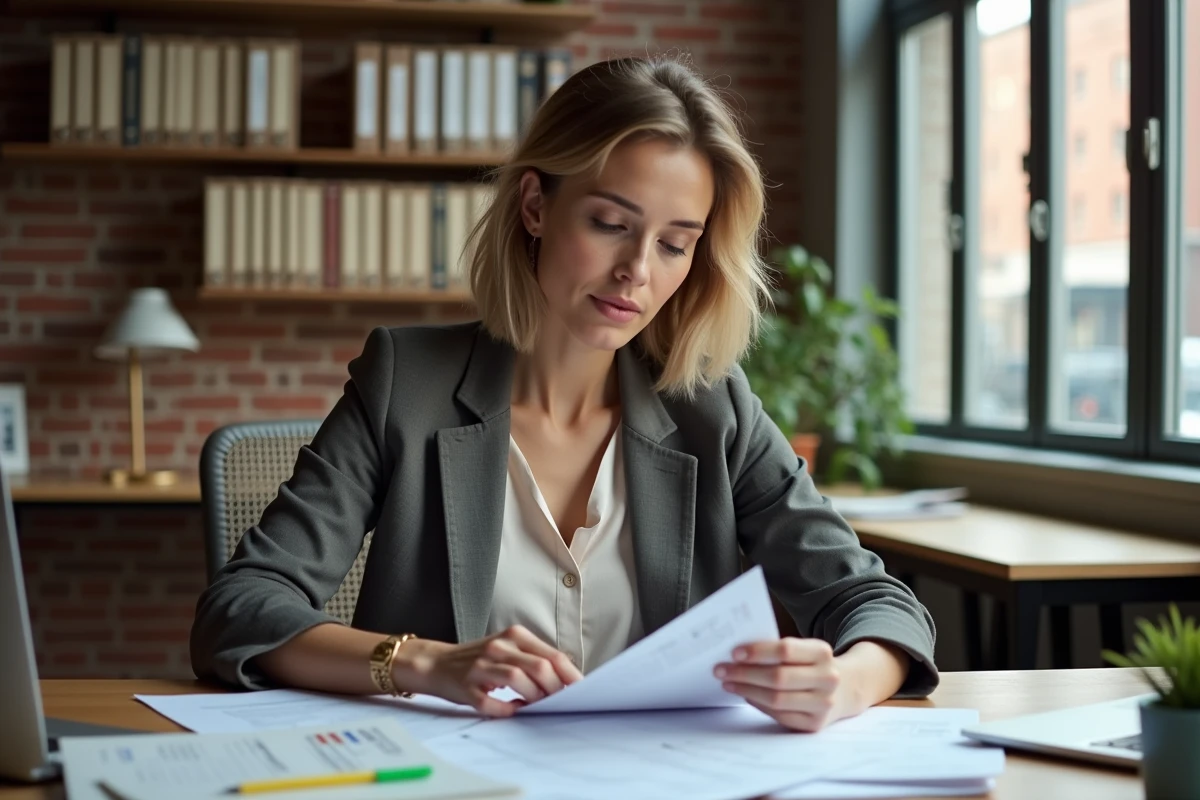 Auto-entrepreneuse travaillant à son bureau à domicile, entourée de documents et d'un ordinateur portable, illustrant les services pour indépendants