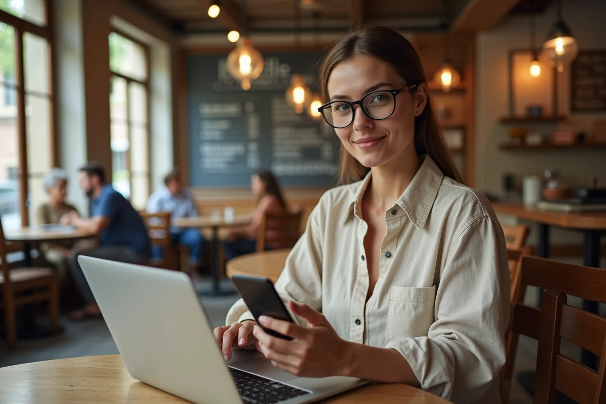 Jeune auto-entrepreneuse travaillant depuis un café avec son ordinateur et son smartphone, symbolisant la flexibilité des services numériques pour indépendants