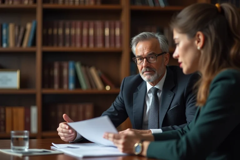 Avocat en costume écoute une cliente dans un bureau élégant