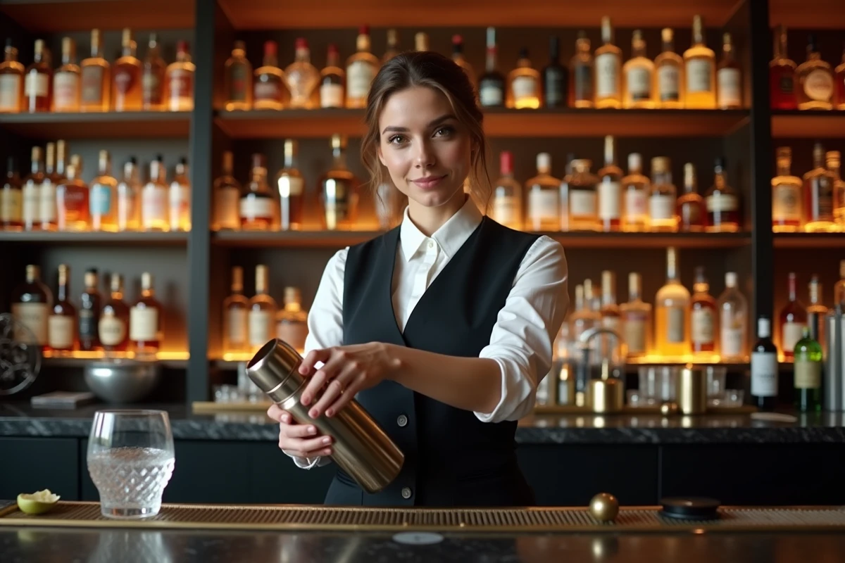 Barmaid en tenue professionnelle préparant un cocktail dans un bar haut de gamme avec comptoir en marbre