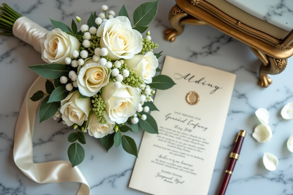 Bouquet de mariage élégant en roses blanches et jasmin sur marbre avec programme de cérémonie manuscrit et plume vintage