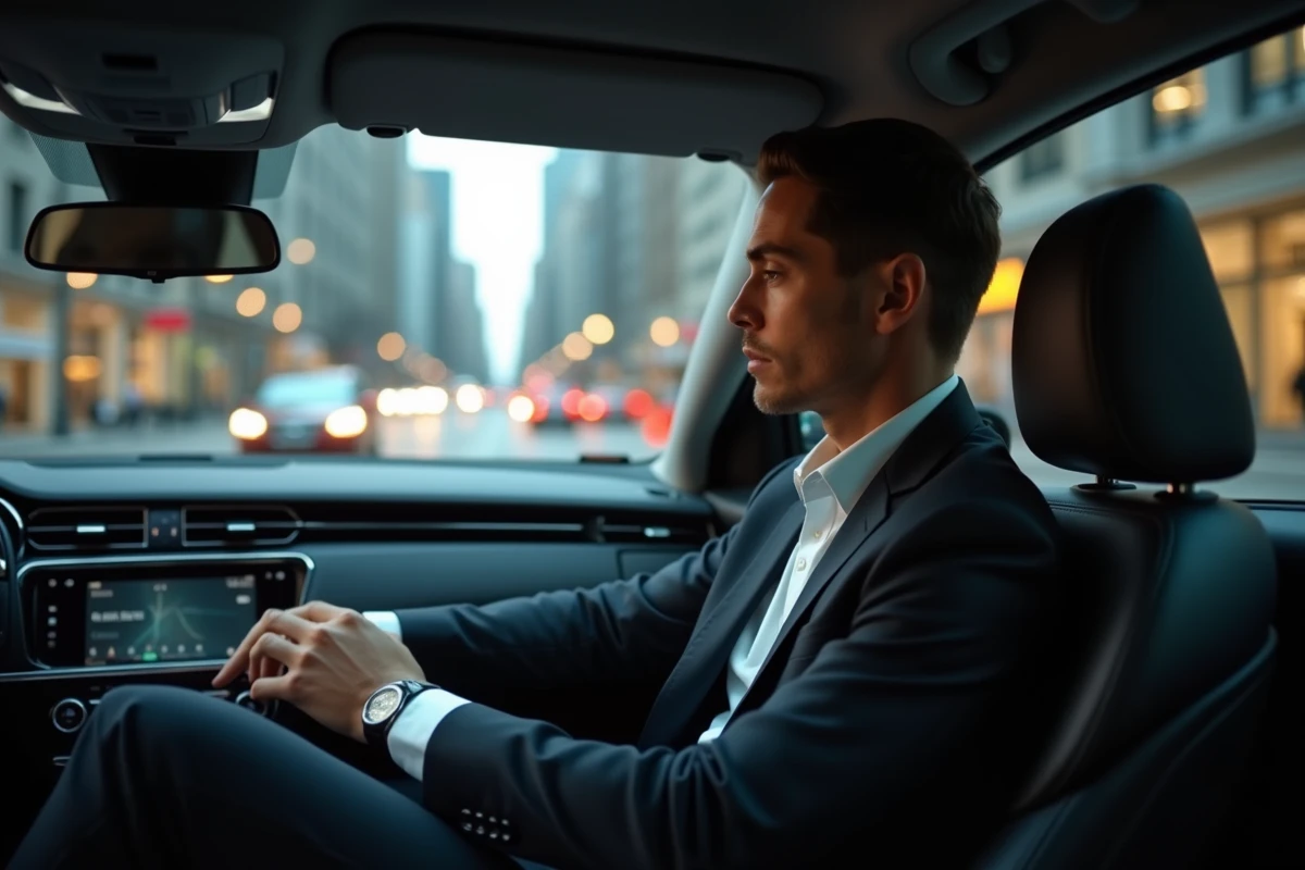 Chauffeur VTC masculin en costume sombre conduisant une berline noire dans une zone urbaine dense