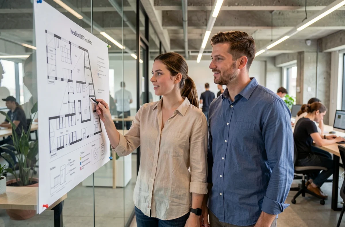 Deux collègues examinant l'architecture de navigation d'un site financier en espace de coworking