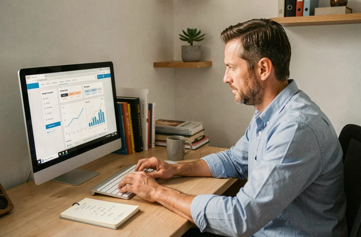 Homme comparant des offres de crédit immobilier sur ordinateur depuis son bureau à domicile