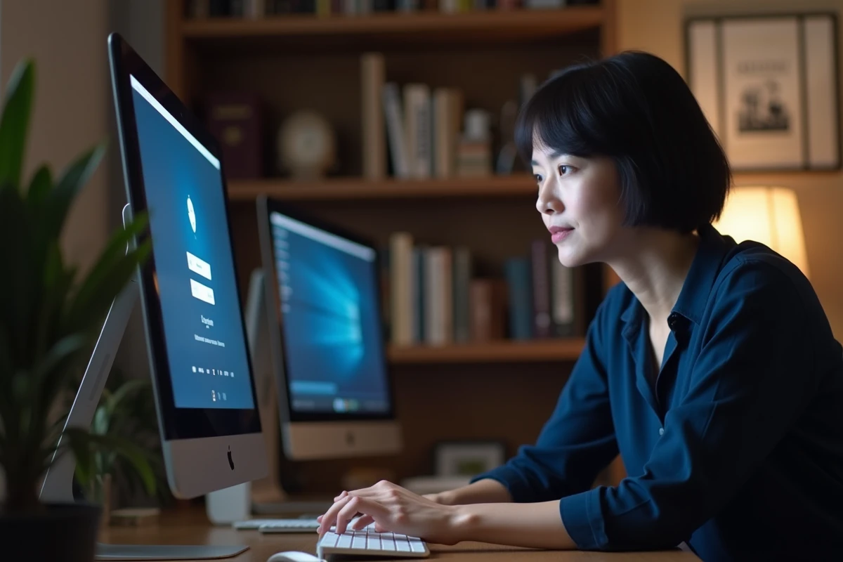 Femme utilisant un navigateur web pour se connecter à un service sécurisé depuis un bureau à domicile avec ordinateur de bureau