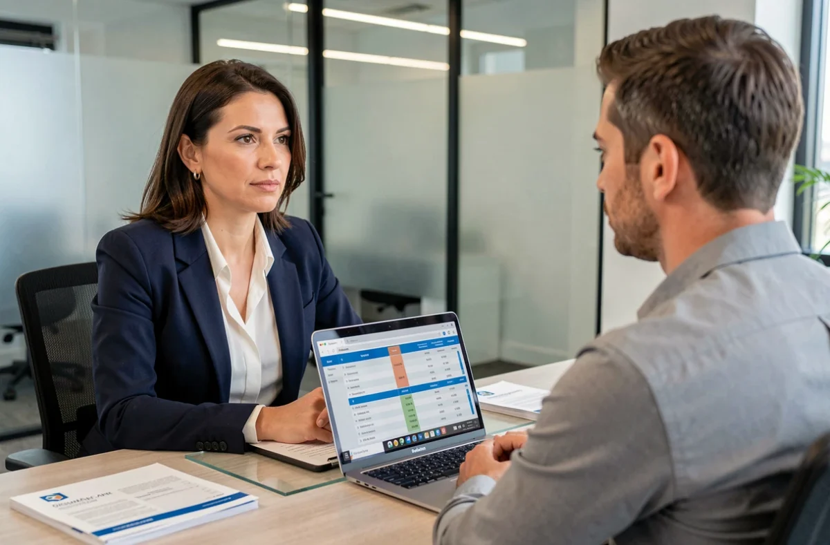 Conseillère bancaire expliquant les options de crédit immobilier à un client en agence
