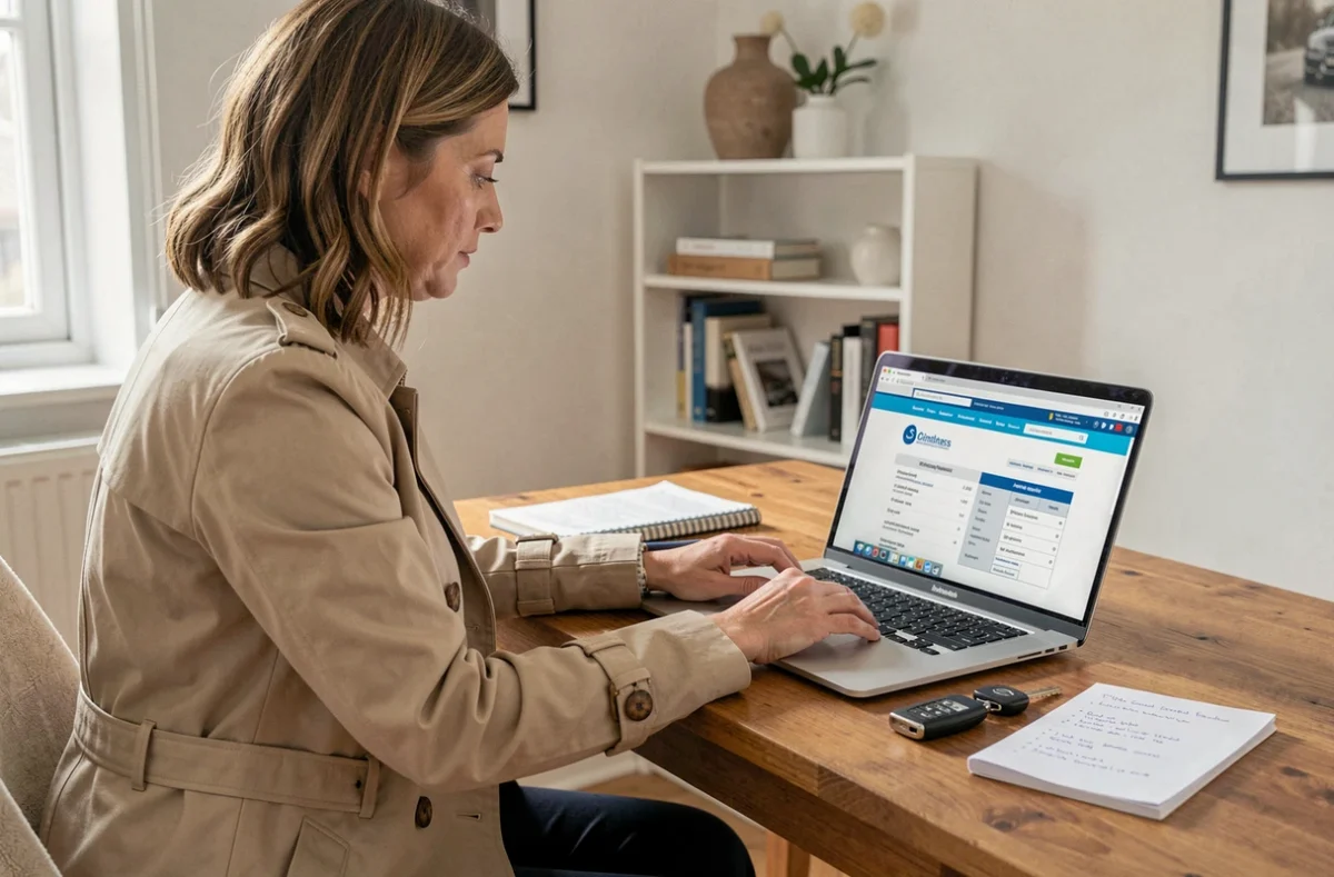 Femme consultant le statut RSV de son véhicule sur un ordinateur portable avec sa carte grise posée sur le bureau