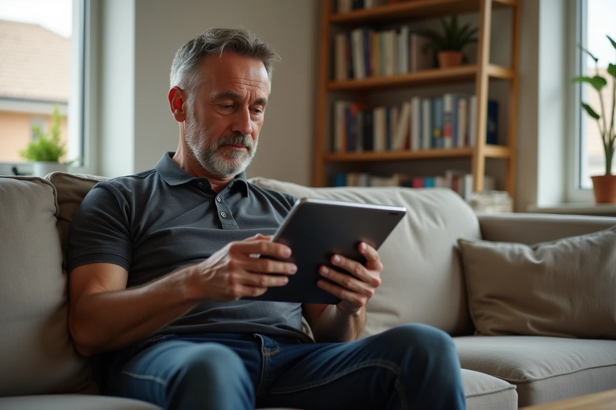 Homme consultant le support client Nexity sur une tablette depuis son salon pour débloquer son espace personnel