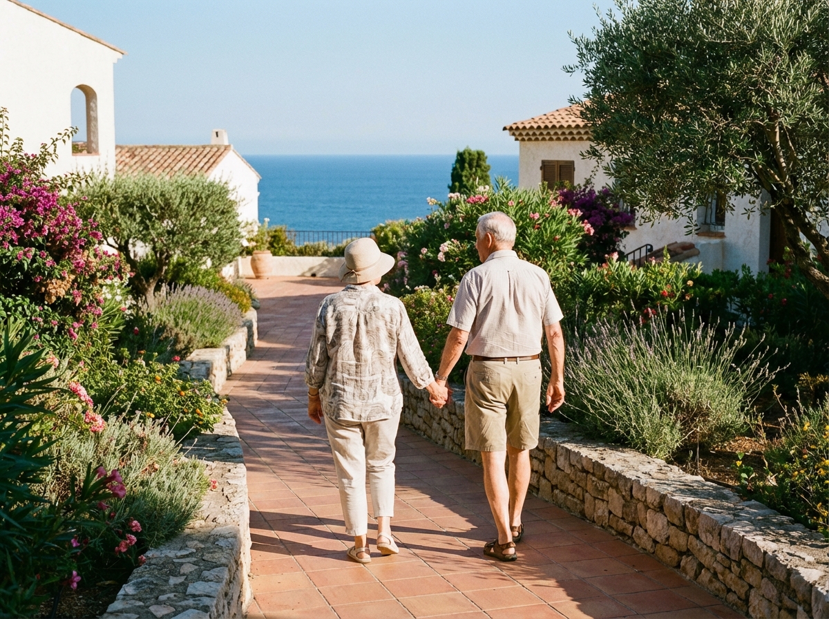 Couple agee se promenant dans un jardin avec vue sur la mer