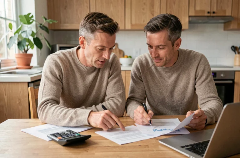 Couple étudiant des documents de prêt immobilier à la table de cuisine pour choisir leur crédit