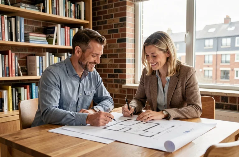 Couple examinant des plans immobiliers et des documents de projet d'investissement à la maison