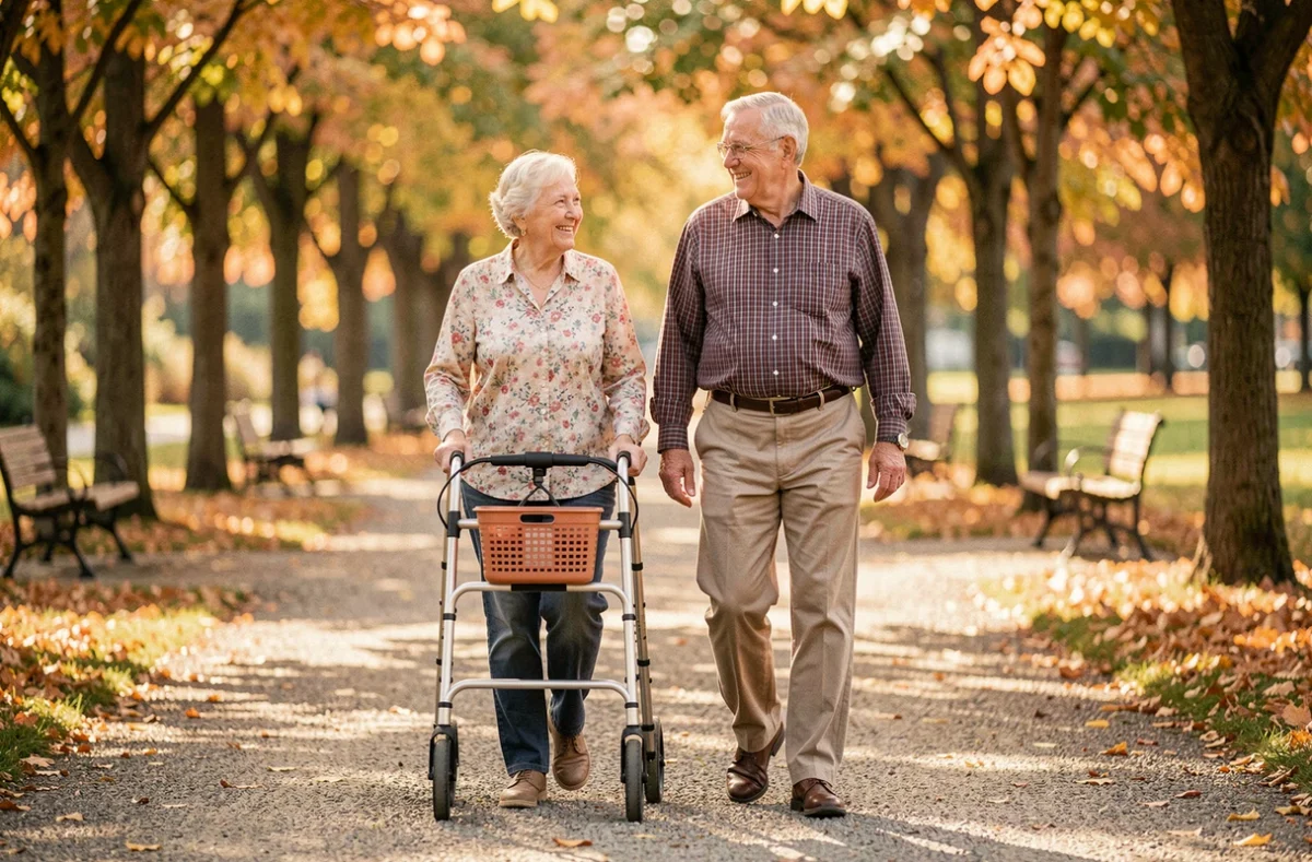 Couple de seniors se promenant dans un parc avec un déambulateur ergonomique adapté pour la mobilité