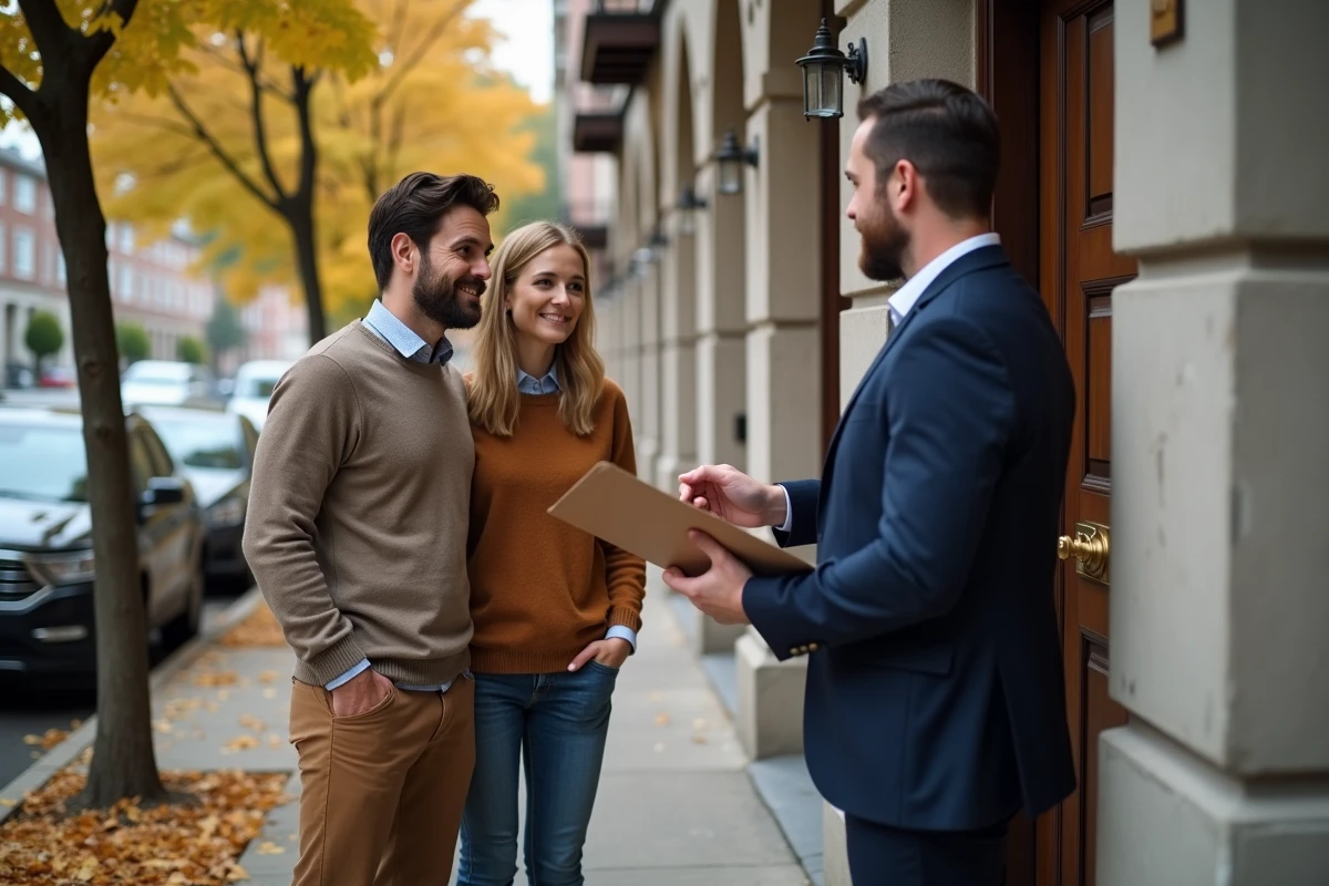 Couple visitant un appartement à louer avec un agent immobilier devant un immeuble en pierre en ville