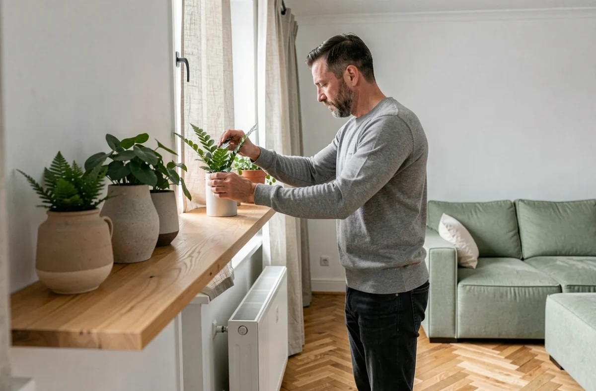 Homme décorant une étagère murale en bois dans un salon de style scandinave avec des plantes et des céramiques