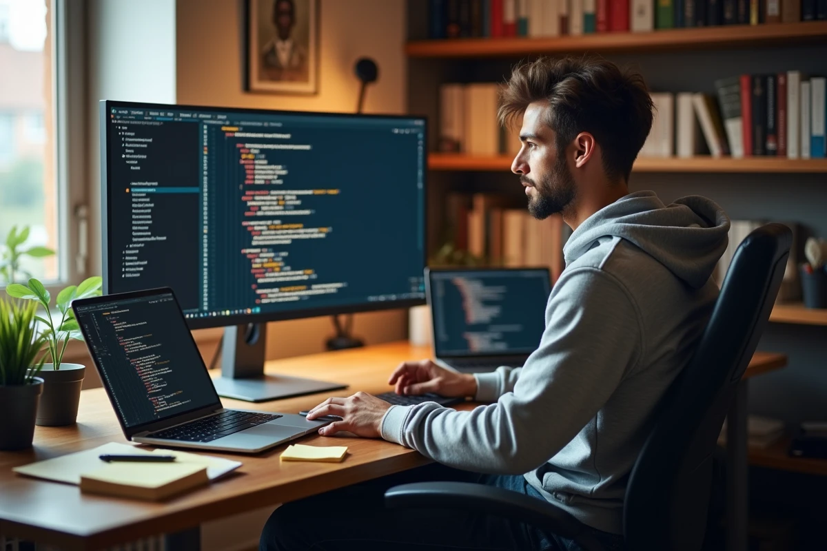 Développeur web freelance débutant travaillant sur du code HTML et CSS devant un grand écran à son bureau à domicile