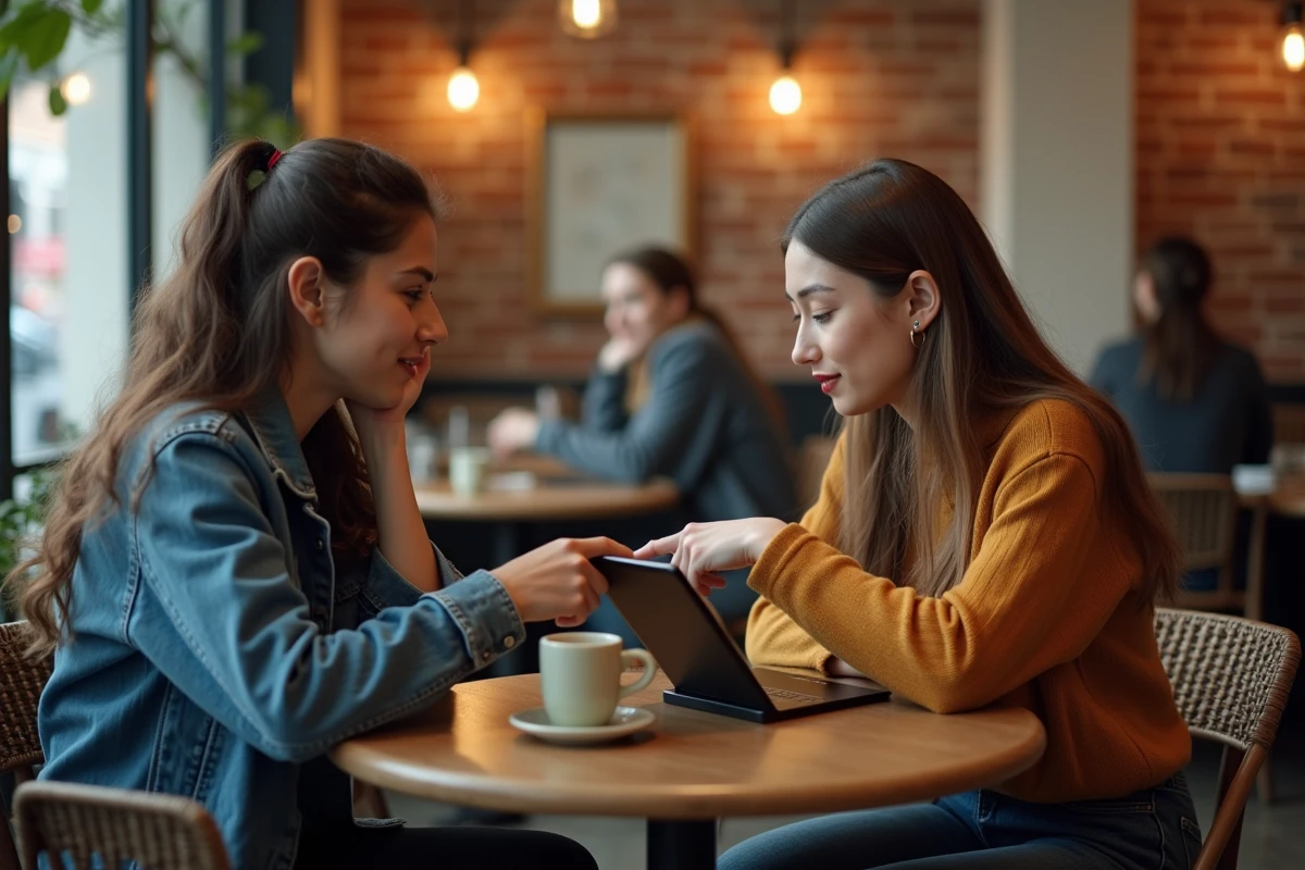 Deux femmes dans un café examinant ensemble des avis en ligne sur une tablette, discutant de la fiabilité des témoignages consommateurs sur internet