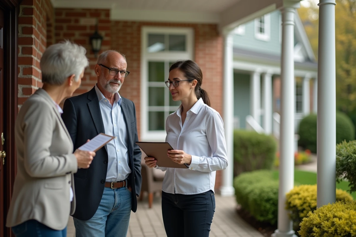 Jeune femme discutant avec un couple sur le porche d