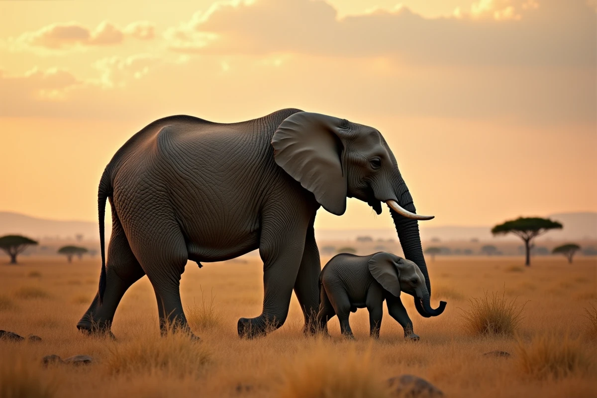 Éléphante africaine et son éléphanteau traversant la savane aride au crépuscule sous un ciel chaud