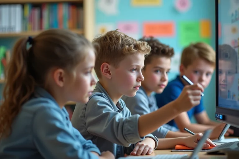 Groupe d élèves au tableau interactif en classe
