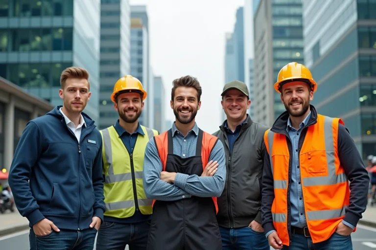 Groupe de travailleurs aux métiers variés représentant des emplois accessibles à 20 euros de l'heure en milieu urbain