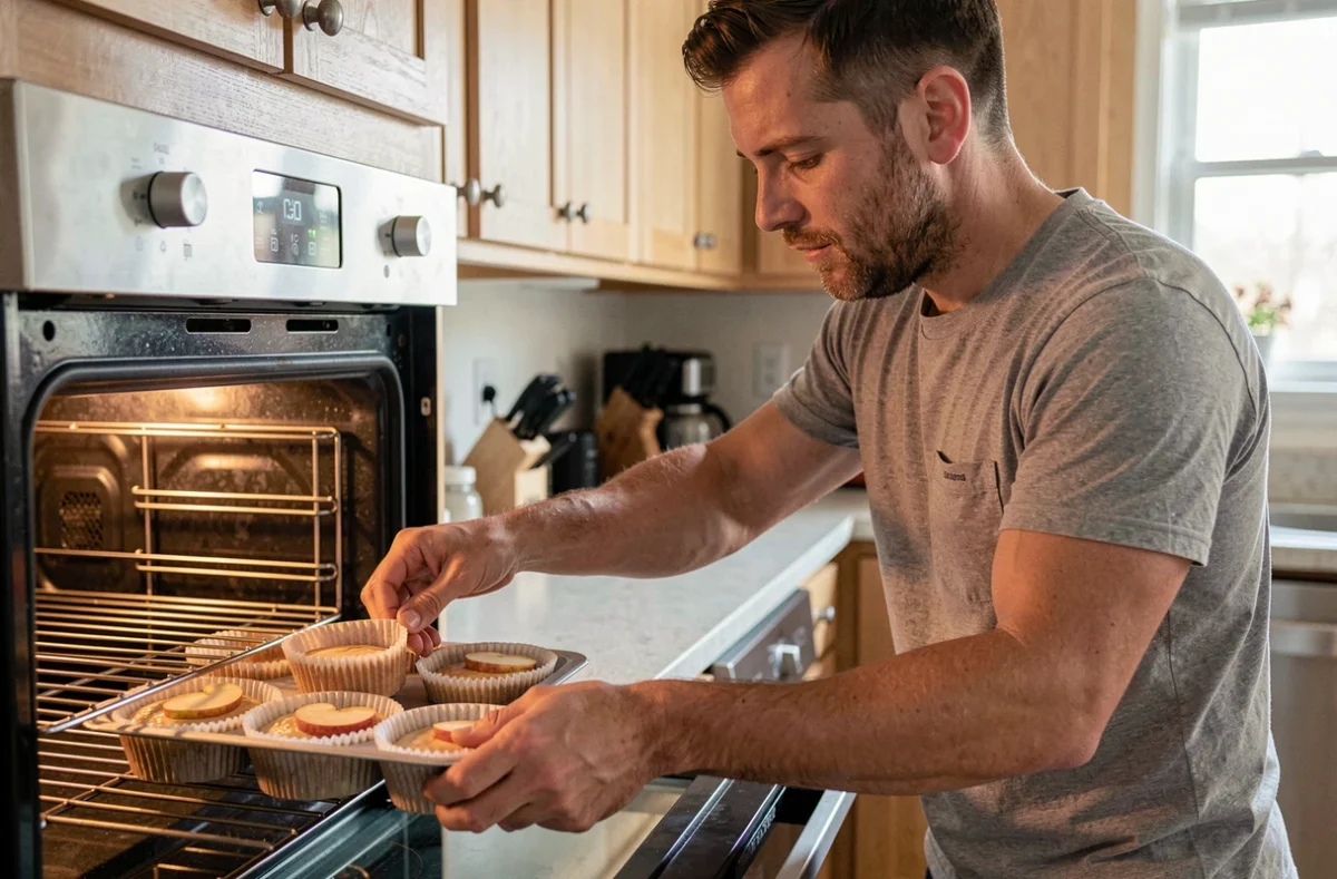 Homme enfournant des moules à muffins aux pommes dans un four domestique avec des tranches de pomme disposées sur la pâte crue