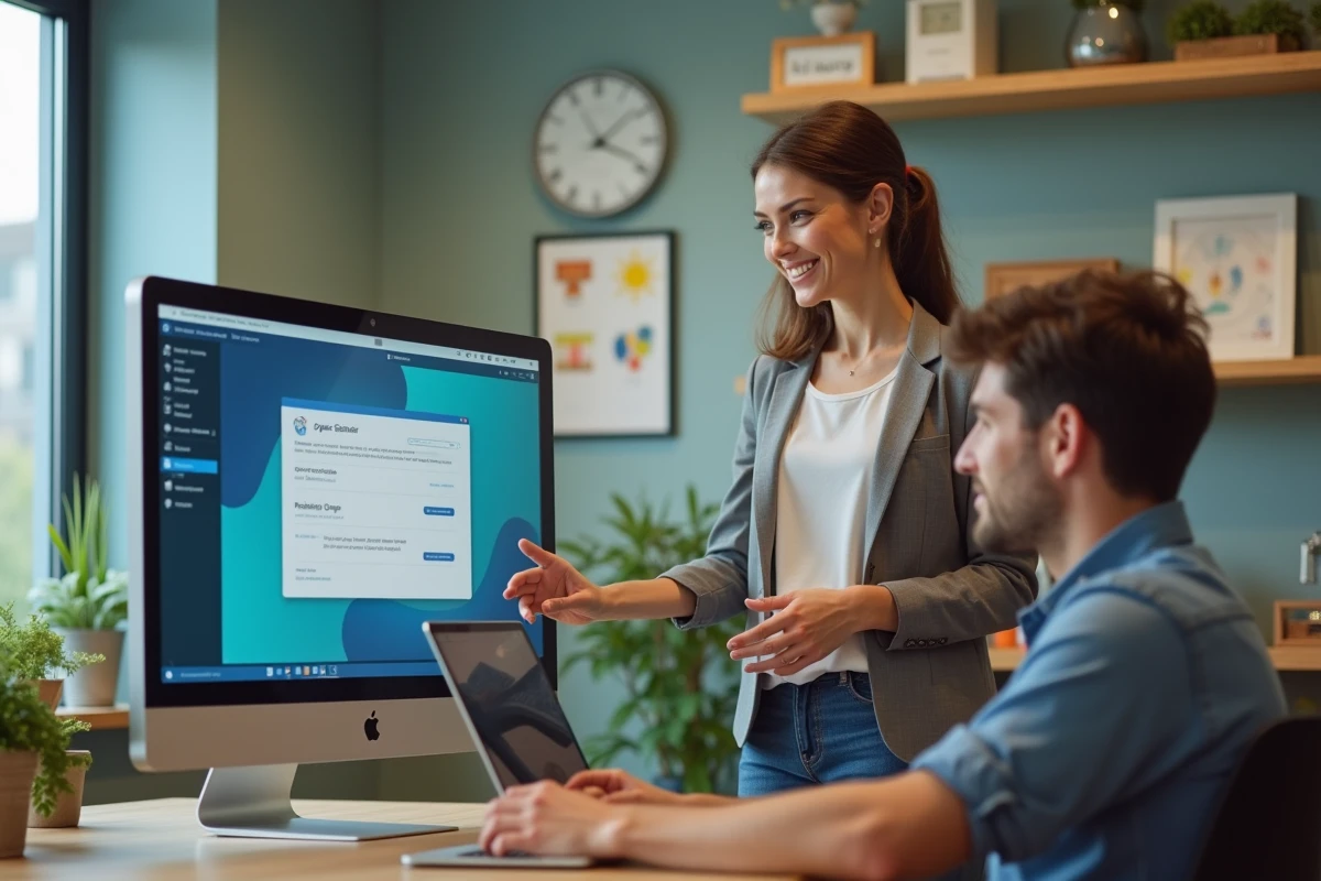 Professeure montrant un logiciel à un collègue dans un bureau