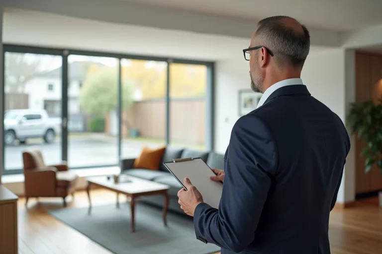 Expert immobilier examinant un salon moderne intérieur