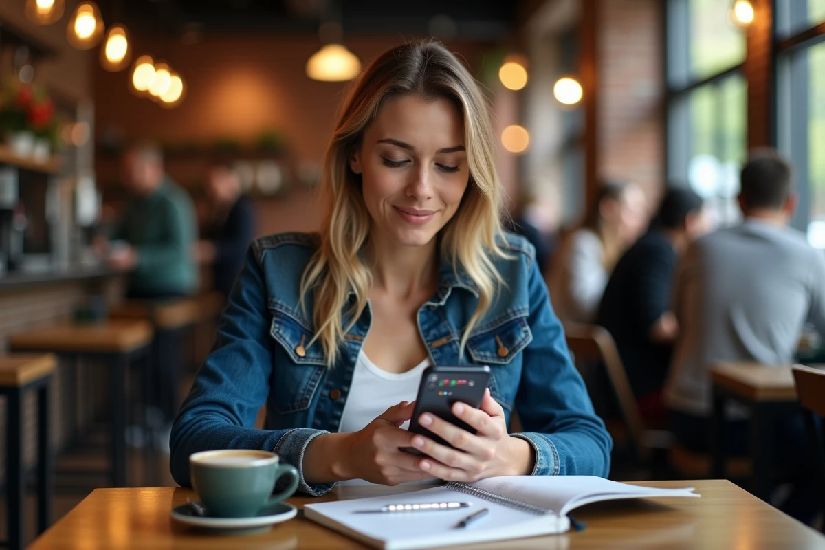 Femme consultant une application alternative de paris sportifs sur smartphone dans un café urbain
