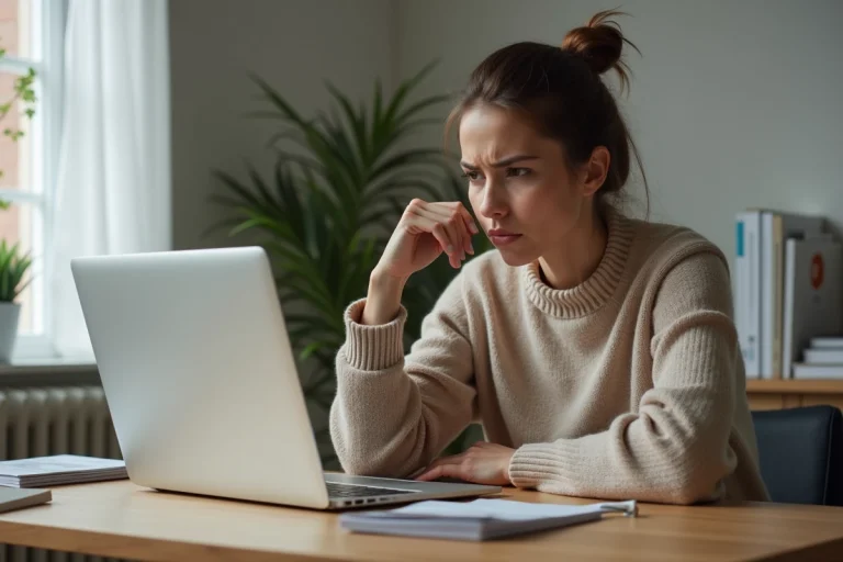 Femme frustrée devant son ordinateur portable affichant une erreur de connexion à l'espace personnel Nexity
