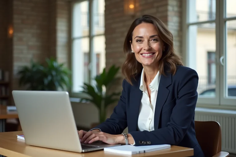 Femme confiante au bureau coworking à Paris
