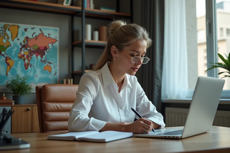 Femme d'affaires lisant les actualites mondiales dans son bureau
