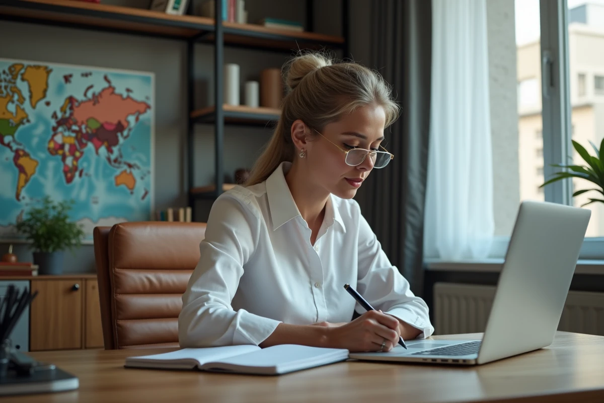 Femme d'affaires lisant les actualites mondiales dans son bureau