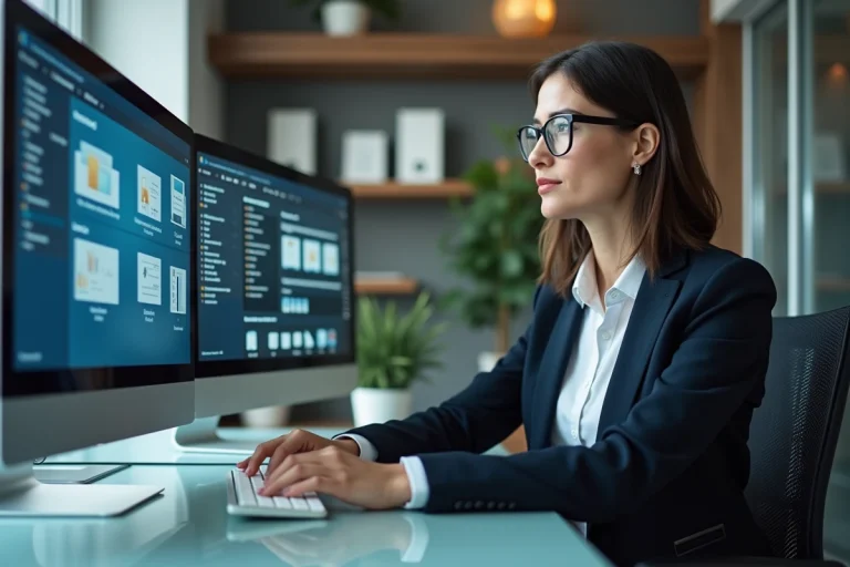 Femme en blazer organisant des fichiers numériques au bureau