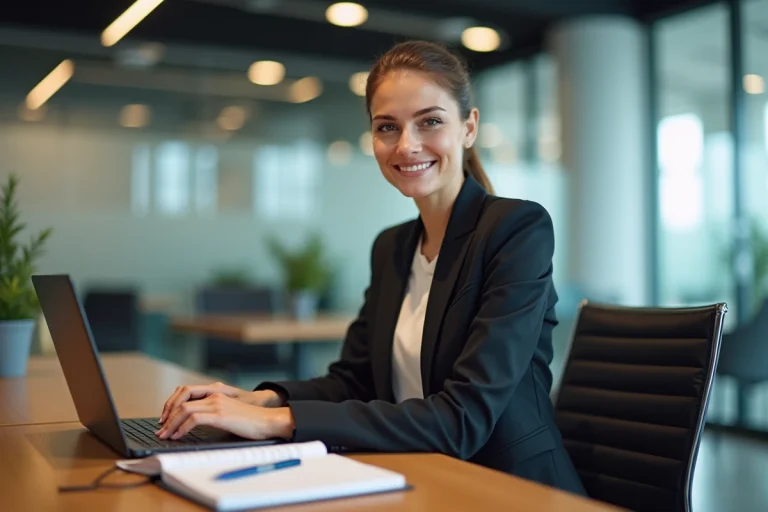 Femme en tenue professionnelle travaillant sur un ordinateur dans un bureau moderne