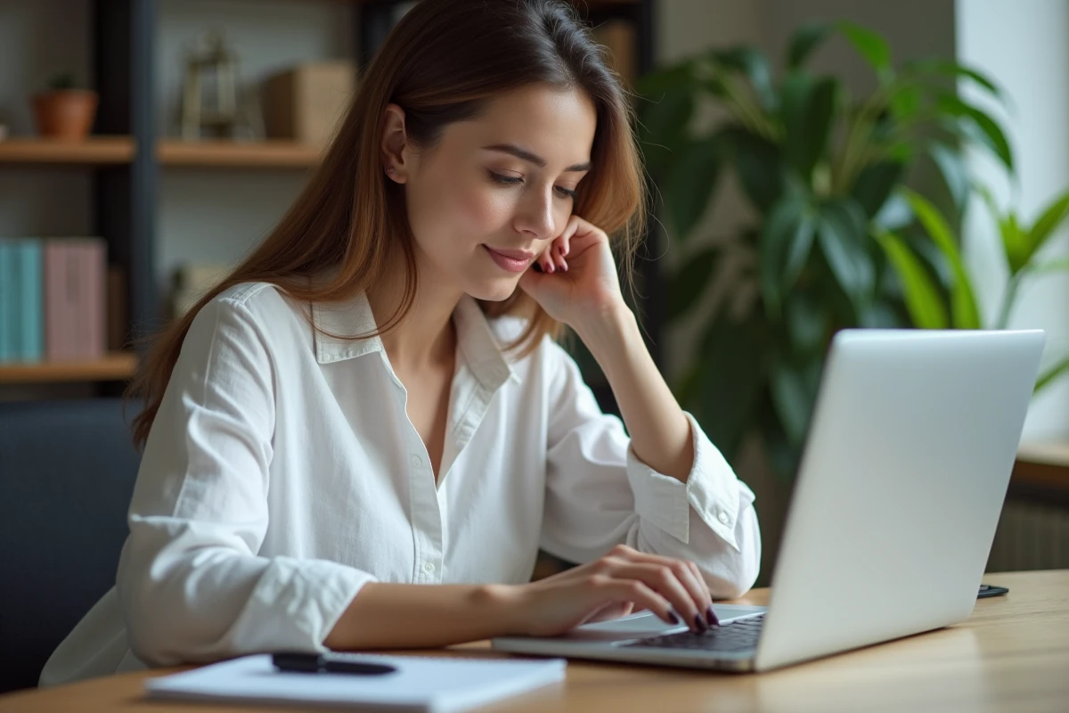 Femme consultant des avis en ligne sur un programme de perte de poids depuis son bureau