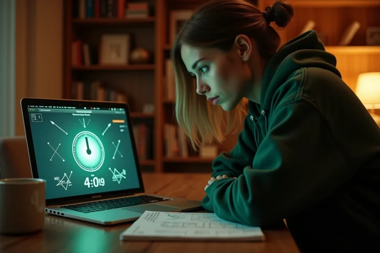 Femme concentrée jouant à un escape game en ligne sur son ordinateur portable dans un bureau à domicile chaleureux