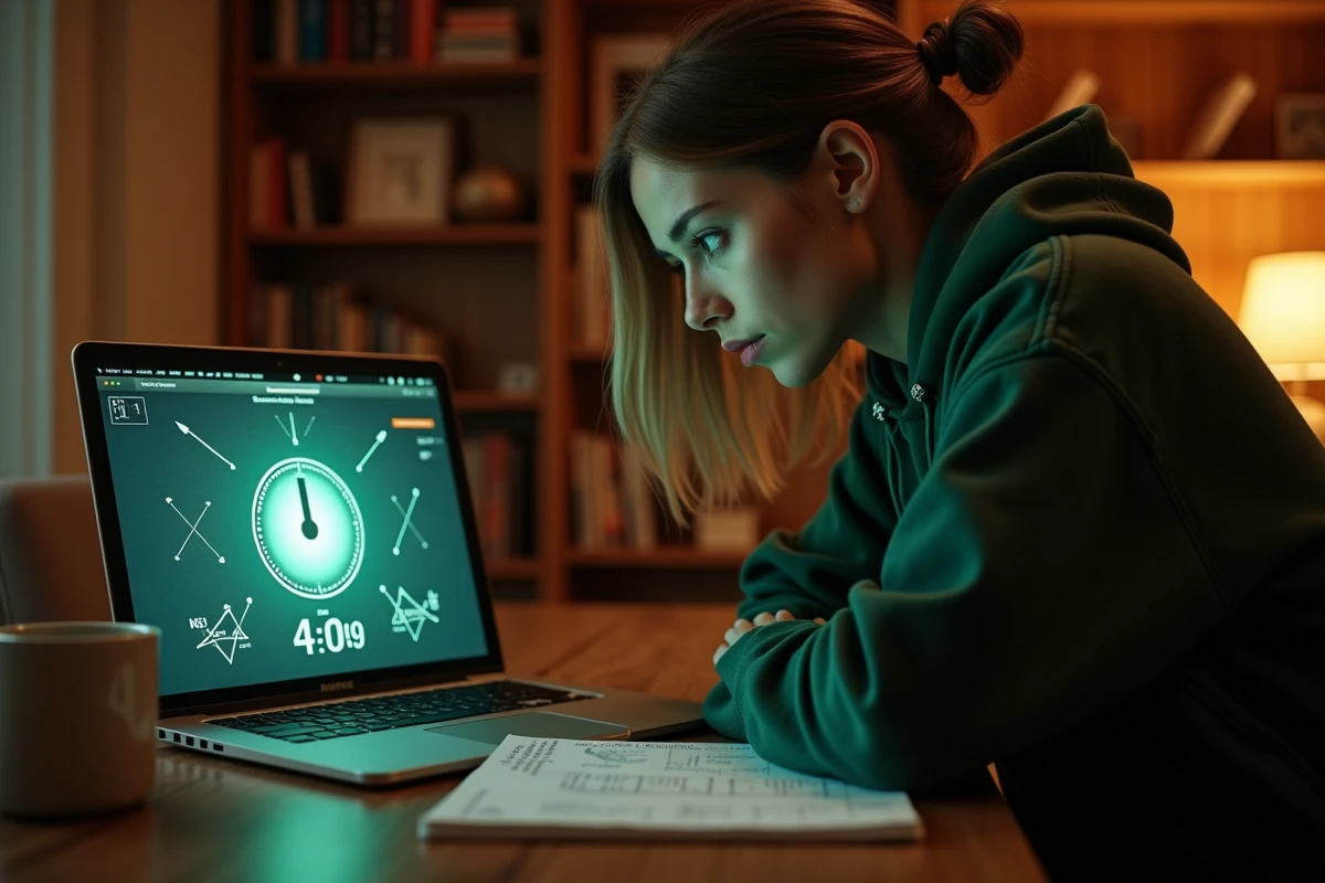 Femme concentrée jouant à un escape game en ligne sur son ordinateur portable dans un bureau à domicile chaleureux