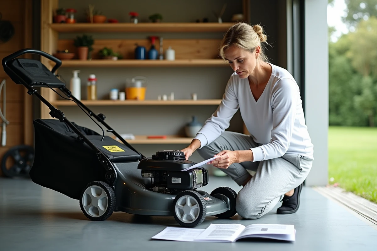 Femme consultant le manuel d'une tondeuse Viking dans un garage domestique
