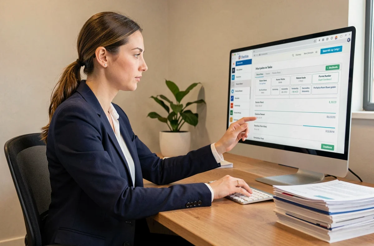 Femme professionnelle naviguant sur un plan de site financier depuis son bureau moderne